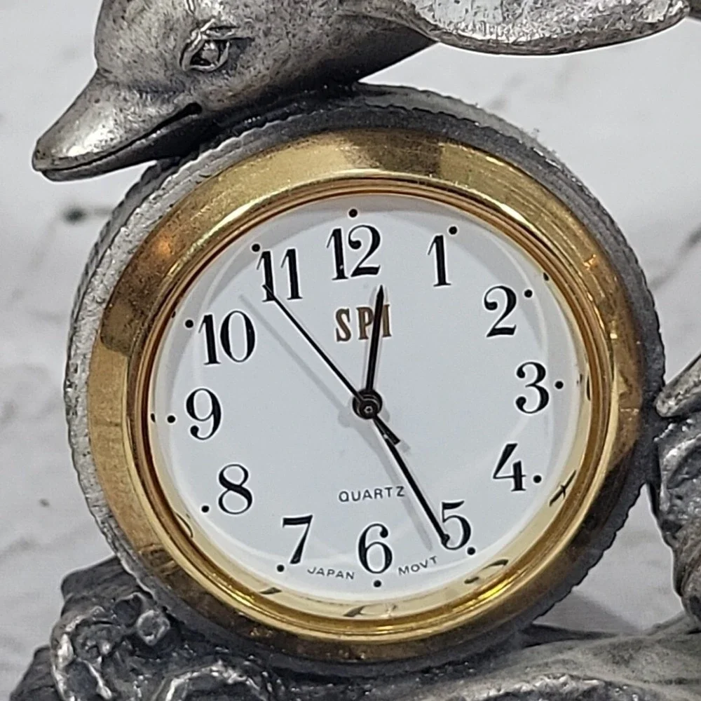 Vintage‎ Pewter Quartz Desk Clock Dolphin Figural Coastal Motif Flaw-Non Working